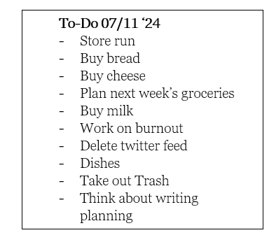 A sequential list of tasks: -	Store run
-	Buy bread
-	Buy cheese
-	Plan next week’s groceries
-	Buy milk
-	Work on burnout
-	Delete twitter feed
-	Dishes
-	Take out Trash
-	Think about writing planning
