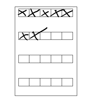 Four separate rows of five gridsquares each. The first seven are checked off.